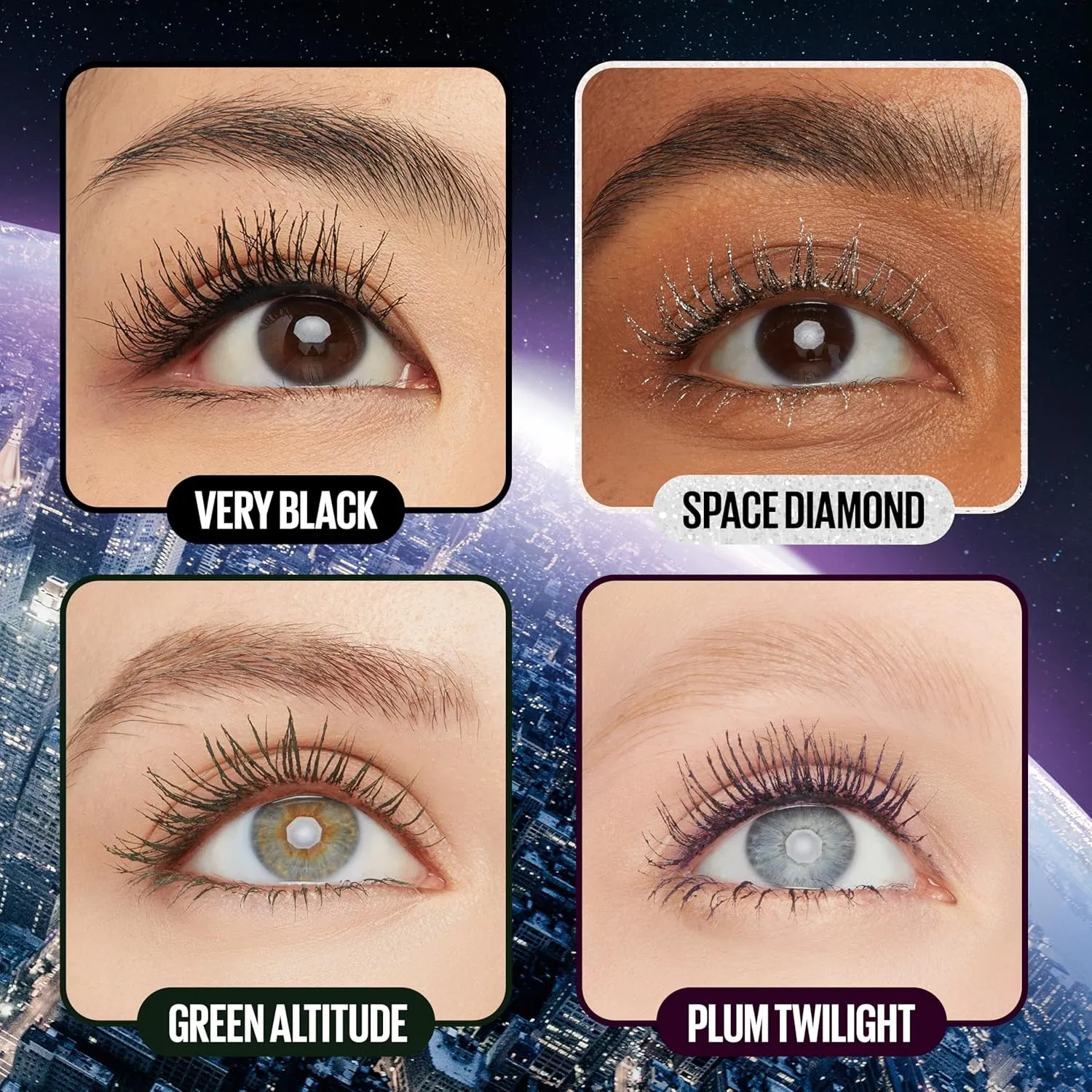 Maybelline Sky High mascara shade visual including Very Black, Space Diamond, Green Altitude, and Plum Twilight
